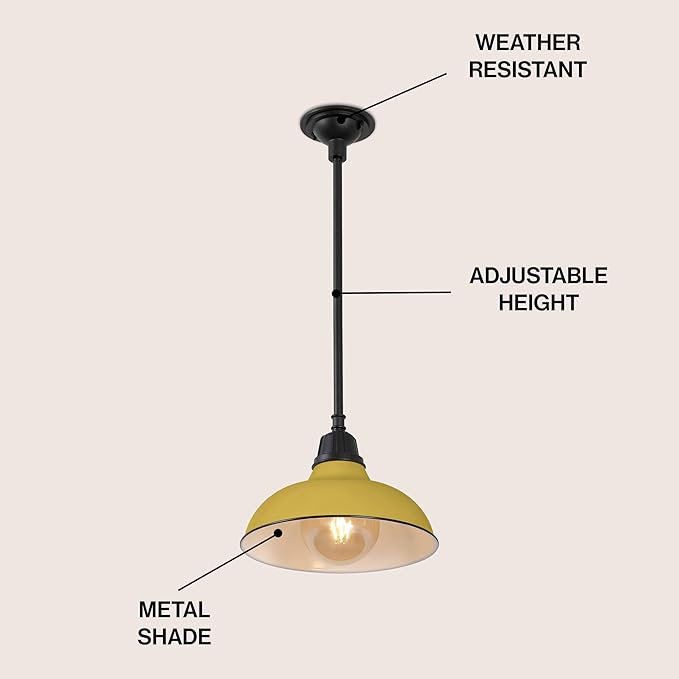 JONATHAN Y 12.25 Matte Yellow 1-Light Farmhouse Indoor/Outdoor LED Pendant Iron Hanging Light and Black Metal Shade Rustic Ceiling Lamp for Kitchen Island LED Bulb Included (JYL7611H)
