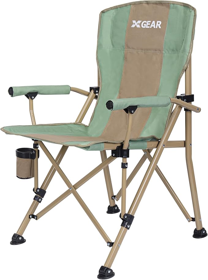 XGEAR Camping Chair Hard Arm High Back Lawn Chair Heavy Duty with Cup Holder for Camp Fishing Hiking Outdoor Carry Bag Included