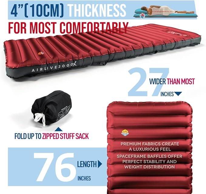 ZOOOBELIVES 3D Wrapping Inflatable Camping Sleeping Pad with Built-in Pump Extra Thick and Wide Ultimate Comfortable Compact Camp Air Mat for Tent Car Traveling and Backpacking - Airlive2000X