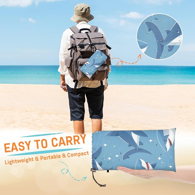 Waterproof Sandproof Beach Blanket 59''×68'' Ocean Sharks Polyester Outdoor Picnic Blanket with 4 Stakes &amp Storage Bag for BeachCampingVacation Blue