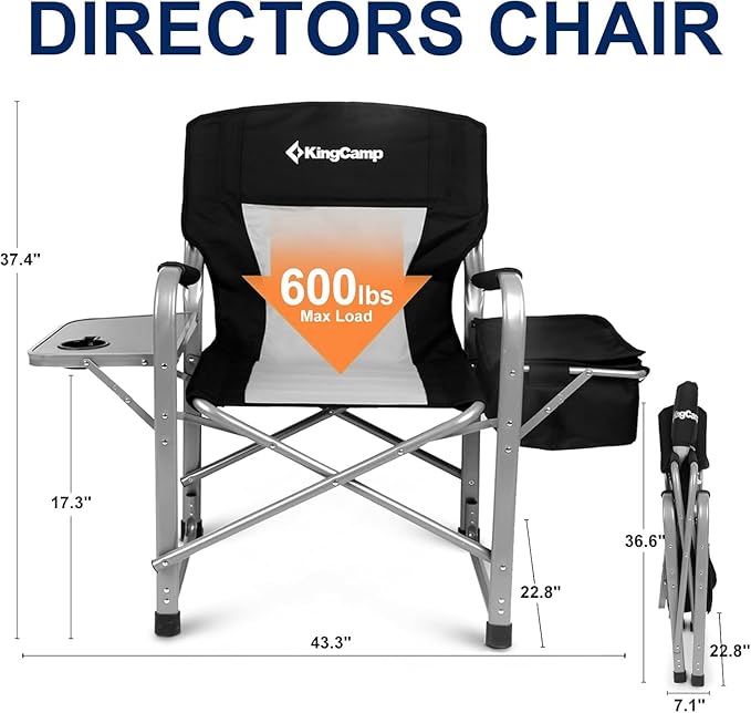 KingCamp XXL Oversized Directors Chair with Side Table Folding Camping Chairs Heavy Duty 600lbs with Cooler Bag Portable Camp Chair with Wide Seat for Hiking Fishing Lawn Outdoor and Sports