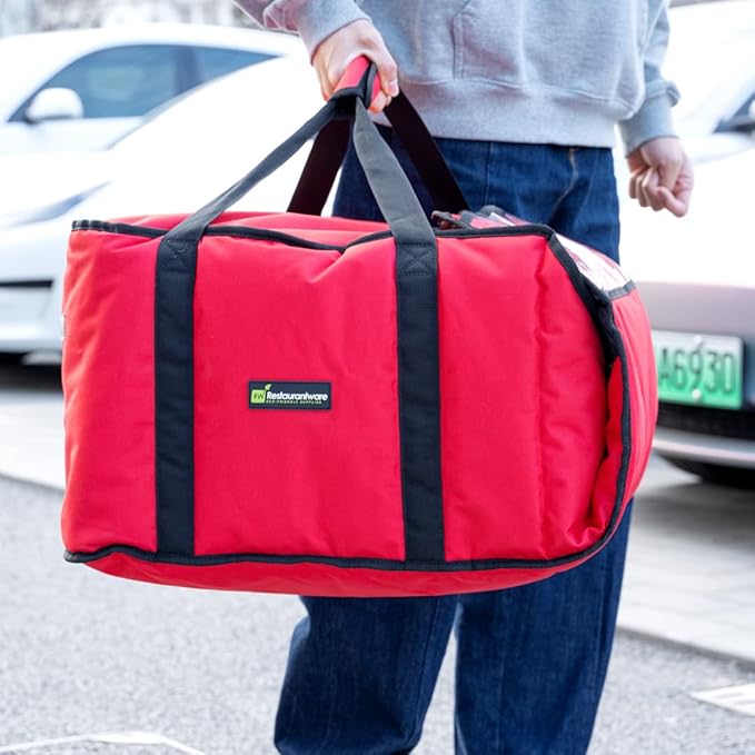Delivery Tek 16.5 x 18 x 6.5 Inch Insulated Pizza Bag 1 Durable Delivery Bag - Holds (2) 16 or (3) 14 Pizza Boxes Red Polyester Cater Bag Extra-Large Flap Machine Washable