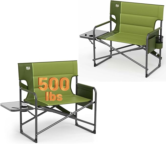 TIMBER RIDGE XXL Director’s Chair – Heavy Duty Folding Chair with Side Table 500 lb Capacity Extra Wide Padded Seat for Camping Sports Beach Patio and Outdoor Use Green-2 Pack