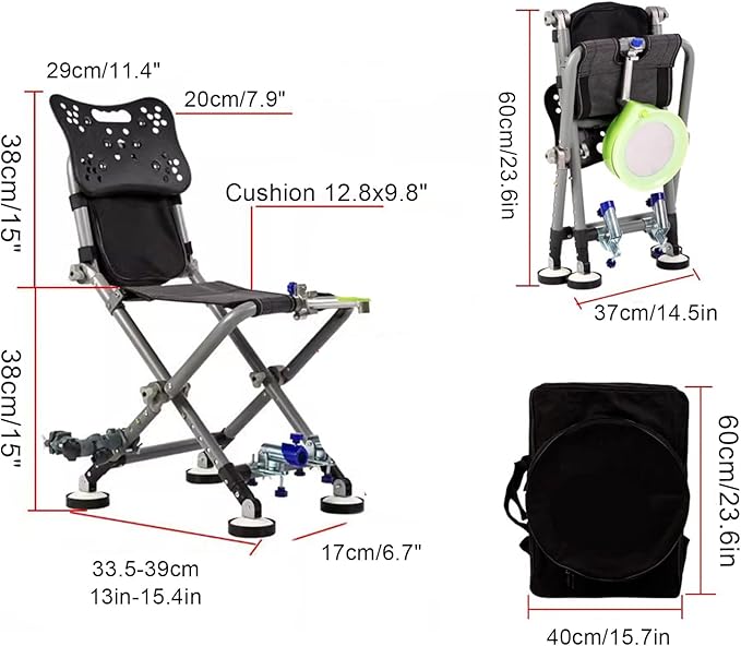 Folding Fishing Chair - Aluminum Adjustable Backrest Heavy Duty Outdoor Chair with Backpack Portable Lightweight Leisure Chair for Uneven Ground