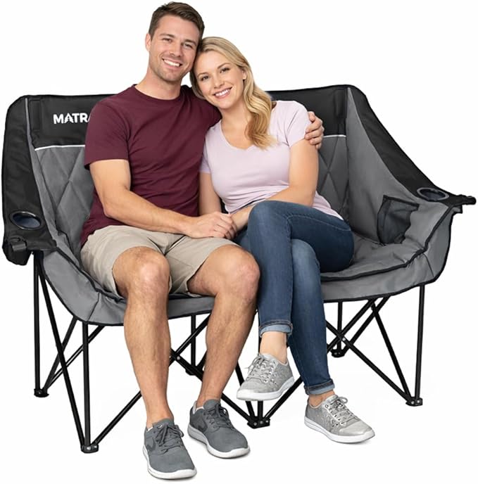 Oversized Double Camping Chair Quilted Diamond-Stitch Padded Seat Dual Cup &amp Wine Glass Holders Heavy-Duty Folding Loveseat for Outdoor Camping Beach &amp Backyard(Black)