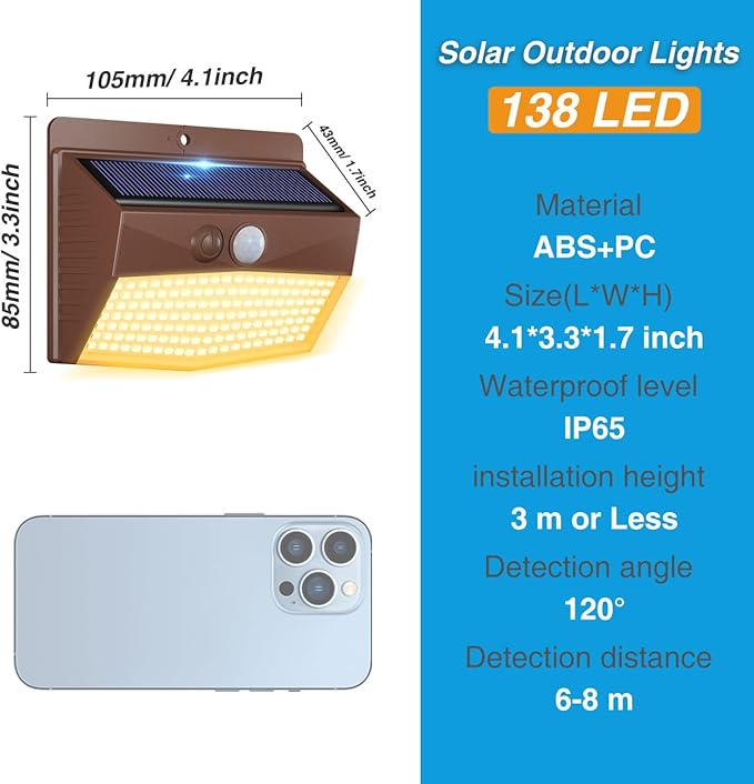 Peasur 12 Packs Solar Outdoor Lights Motion Sensor Solar Security Light Waterproof with 3 Lighting Modes Solar Powered Wall Lights Outside for Garden Fence Yard Brown Warm