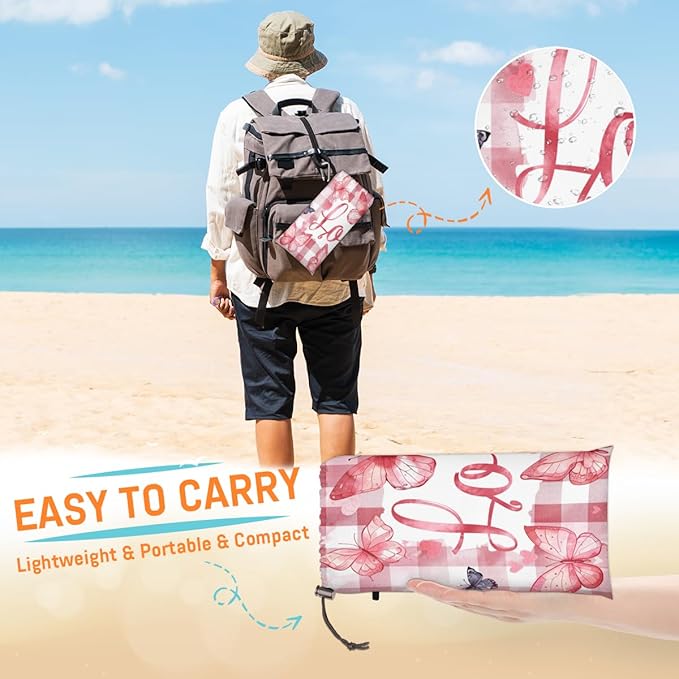 Waterproof Sandproof Beach Blanket 59''×68'' Love Butterfly Polyester Outdoor Picnic Blanket with 4 Stakes &amp Storage Bag for BeachCampingVacation Banana Red