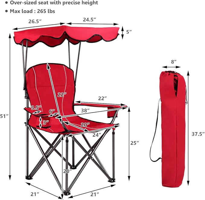 S AFSTAR Safstar Folding Camping Chair with Canopy Portable Lawn Beach Canopy Chair with Cup Holder &amp Carry Bag Load Bearing Up to 265LBS Folding Chair for Outside Outdoor Travel Hiking Fishing
