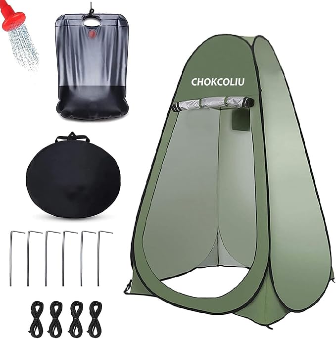 Pop-up Shower Tent &amp 20L Solar Shower Bag Combo - Waterproof Camping Privacy Shelter with Portable Heated Water Reservoir for Outdoor Bathing Beach Hiking (Green 120x120x190cm)