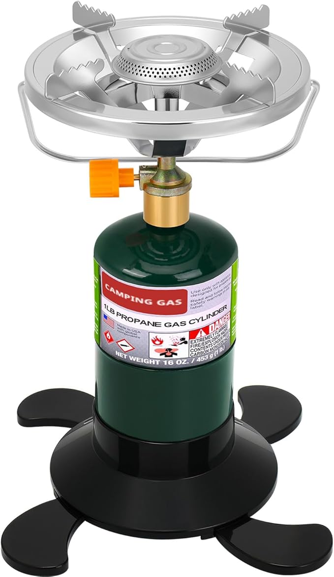 Propane Camping Stove Portable Backpacking Stove with Adjustable Burner Stable Camp Gas Stove for Outdoor Cooking Single Burner Propane Stove for Hiking Tailgating Grilling (Fuel not Included)