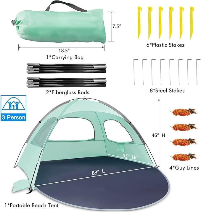 NXONE Beach Tent Sun Shelter with UPF 50+ UV Protection Lightweight Easy Setup Portable Beach Canopy for Family Large Space for Beach Camping &amp Outdoor 3/4/6 Person