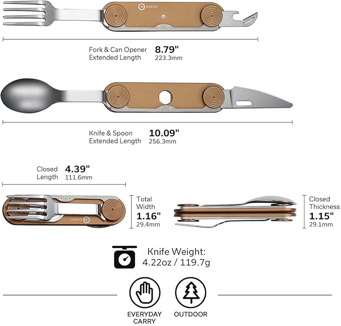 CIVIVI Partake 4-in-1 Camping Utensil Detachable Stainless Steel Folding Knife Fork Spoon &amp Bottle Opener Multi-Tool with Waxed Canvas Pouch for Travel Camping Hiking C24032C-2 Coyote Brown