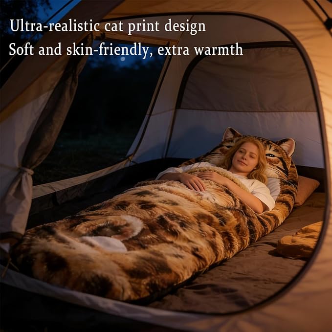 Cat Sleeping Bag for Human Fluffy Cat Sleeping Bag for Adults 3D Full Wrap Warm and Comfortable Machine Washable Adorable Cats Envelope Sleeping Bed for Indoor Travel Camping Beach
