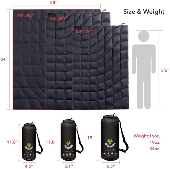 4Monster Down Camping Blanket - Outdoor Travel Quilt Puffy 650 Fill Packable LightweightWind &amp Waterproof | Ideal for Stadium BackpackingPicnics Beach and Hiking
