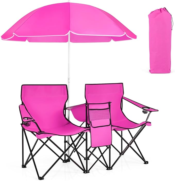Giantex Double Camping Chair with Umbrella - Folding Picnic Loveseat with Carrying Bag Cooler Bag Table Side Pocket &amp Cupholder Portable Beach Chair for Camping Picnic Fishing Beach