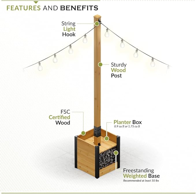 8.5ft H (1 Post w/Planter Box) Freestanding Zippity Concord String Light Post for Outdoor Hanging Lights Light Poles for Outside Balcony Lights Patio Decor for String Lights ZP19081
