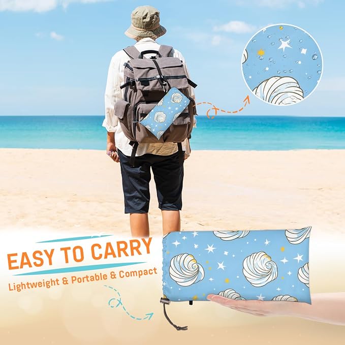 Waterproof Sandproof Beach Blanket 59''×68'' White Shells Polyester Outdoor Picnic Blanket with 4 Stakes &amp Storage Bag for BeachCampingVacation Blue