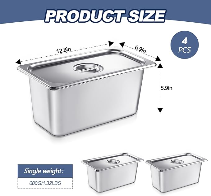 Mifoci 4 Pack Stainless Steam Hotel Pan with Lid 1/3 Size x 6 Inch Deep Table Steam Pan Restaurant Supplies Reusable Anti Rust Catering Storage for Home Party Restaurant Hotel Buffet