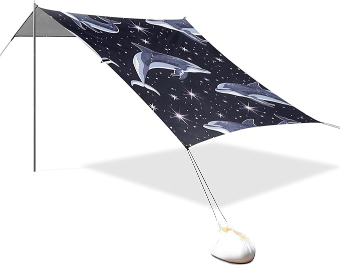 Dolphins in The Night Space Sky with Stars Camping Sun Shelter Beach Tent Portable Beach Sun Shade Outdoor Canopy for Camping Trips Fishing Picnic