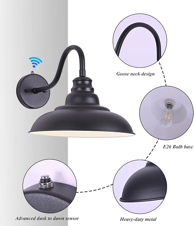 Outdoor Gooseneck Barn Light12 Inch Dusk to Dawn Exterior Barn Lights Farmhouse Black Exterior Lights Fixture Wall Mount Outdoor Wall Sconce for Garage Porch Patio