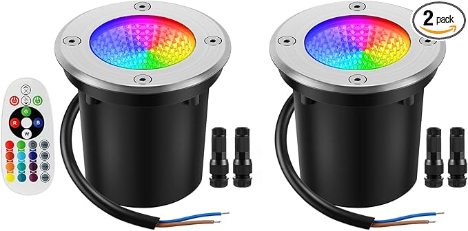 RGBW Warm White Low Voltage Landscape Lights 10W Color Adjustable LED Landscaping Lighting IP67 Waterproof Outdoor In-Ground Light 12V-24V Pathway Garden Deck Driveway Well Lights (2Pack)