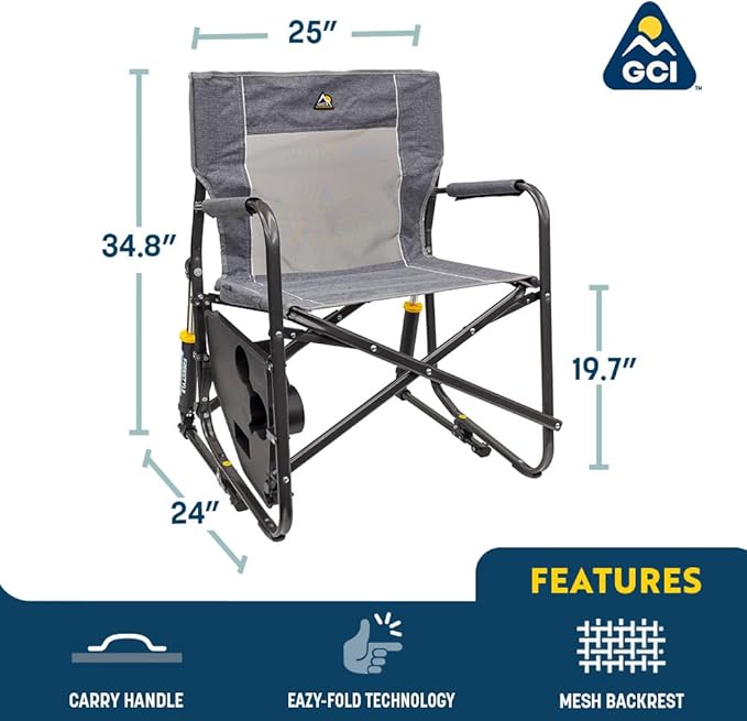 GCI OUTDOOR Freestyle Rocker with Side Table Camping Chair | Portable Folding Rocking Chair with Solid Durable Armrests Drink Holder &amp Comfortable Backrest — Heathered Indigo