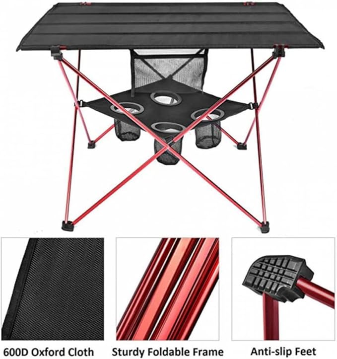 Portable Camping Table with 4 Mesh Cup Holders and Carry Bag Folding Picnic Table for Outdoor Beach BBQ Hiking Fishing