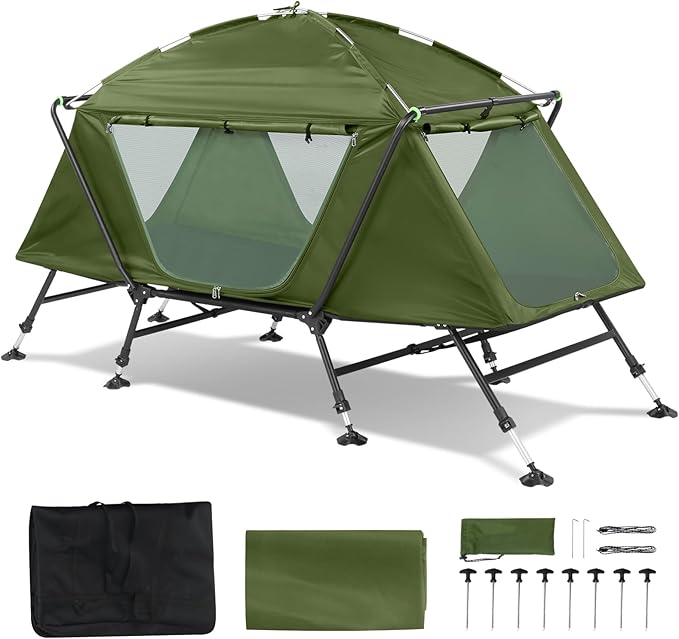 Large Outdoor Portable Sleeping CotPortable Lightweight Folding Camping Cot TentElevated Camping Bed TentFolding Outdoor Travel Cotwith Carry Bagfor Patio Hiking Picnic Travel (Army Green)