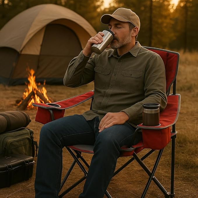 ARROWHEAD OUTDOOR 2-Pack Portable Folding Camping Quad Chair w/ 6-Can Cooler Cup &amp Wine Glass Holders Heavy-Duty Carrying Bag Padded Armrests Headrest &amp Seat Supports up to 550lbs