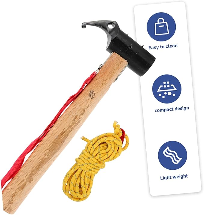Camping Peg Hammer Set with Wood Handle and Steel Head Multifunction Tent Stake Tool Kit for Ground Nail Fixing and Outdoor Shelter Setup