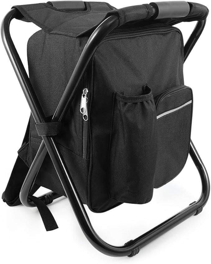 Portable Folding Backpack Stool with Cooler Compartment Black