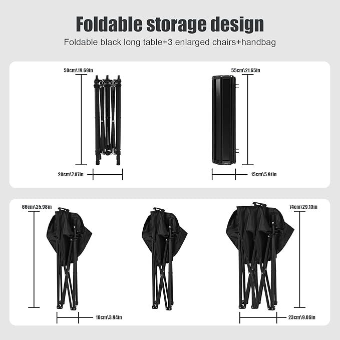 4Pcs Folding Table Chair Set with 1 Sofa 2 Single Chairs 1 Table Portable Lightweight Collapsible Tables and Chair for Outdoor Camping Hiking Travel Black