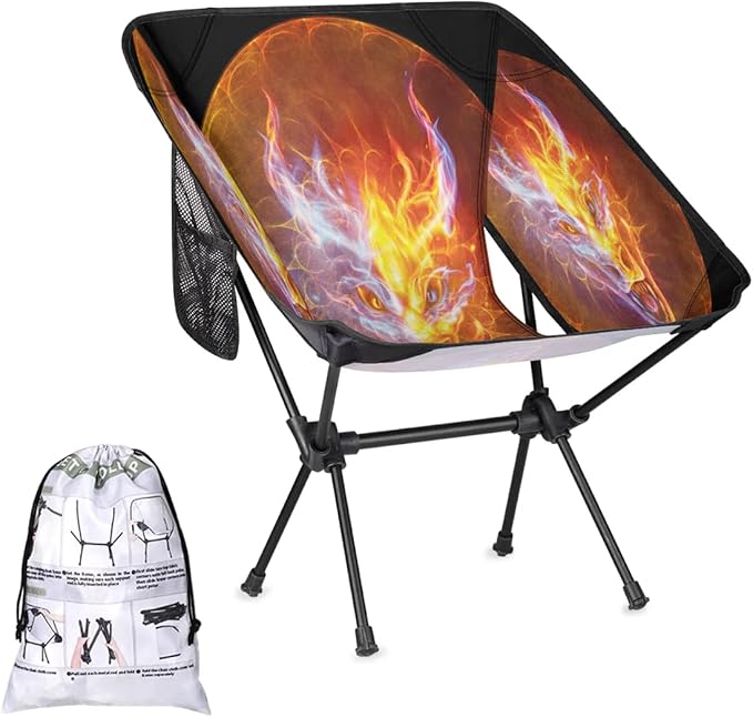 Dragon Fire Camping Chairs for Adults Ultralight Folding Chairs Outside Portable Camp Backpacking Chair with Side Pocket Storage Bag Compact Beach Chairs for Hiking Fishing