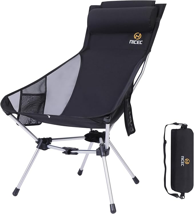 Nice C Ultralight High Back Folding Camping Chair Collapsible Backpacking Chair Compact &amp Heavy Duty Outdoor Travel Picnic Festival with 2 Side Pockets Pillow &ampCarry Bag (One Black)