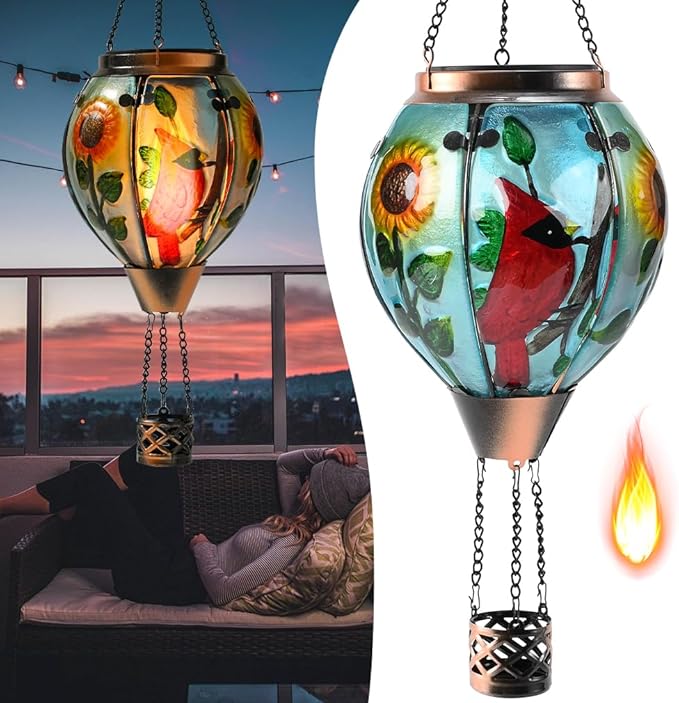 Hot Air Balloon Solar Lantern - Large Cardinal Bird Glass Lantern Simulated Flickering &amp Dancing Flame Big Outdoor Hanging Sunflower Yard Light Waterproof IP65 for Patio Lawn Porch Decor Gift