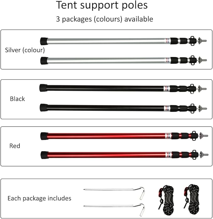 Tiandirenhe 2pcs Camping Tent Poles 95-234cm Telescoping Pole Adjustable Thicken Aluminum Alloy Tarp Poles Support Rods Beach Shelter Tarp Awning Pole for Hiking Camping Silver