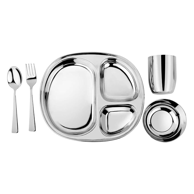 Ahimsa Stainless Steel Kids Dinnerware Set Pediatrician Designed 5 Piece Toddler Plates and Bowls Set Stainless Steel Divided Plate Cup and Kids Utensils