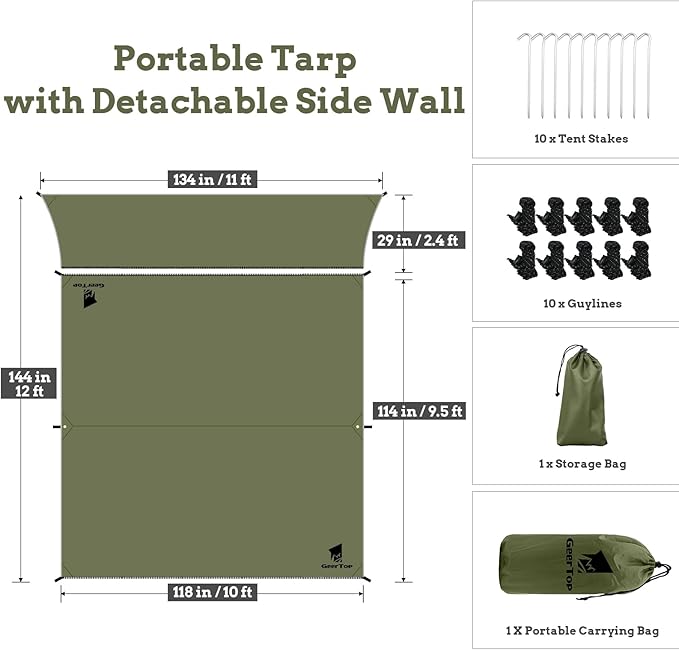 GEERTOP Waterproof Hammock Tarp Ultralight Backpacking Shelter with Detachable Side Wall - Outdoor Camping Survival Sun Shade Awning