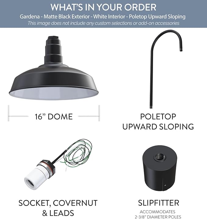 Steel Lighting Co. Gardena Barn Light | Outdoor Pole Top Mounted | 16 Dome | Upslope Gooseneck with Slip Fitter for 2-3/8 Standard Poles | Made in America | Matte Black Exterior/White Interior