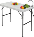 Folding Fish Cleaning Table with Sink &amp Faucet - Portable Outdoor Fillet Hunting &amp Cutting Station HDPE Top Foldable Legs Hose Hookup - Camping Fishing Backyard 46 x 24 Off White