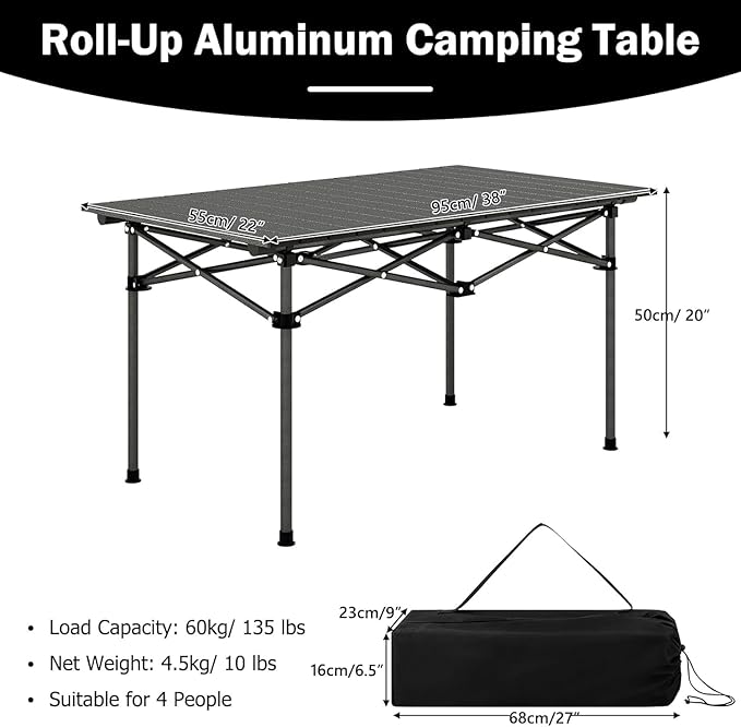 Tangkula Aluminum Folding Camping Table Lightweight Roll-up Camp Table for 4-6 People with Large Tabletop &amp Carry Bag Portable Picnic Table for Outdoor Camping Travel BBQ Party