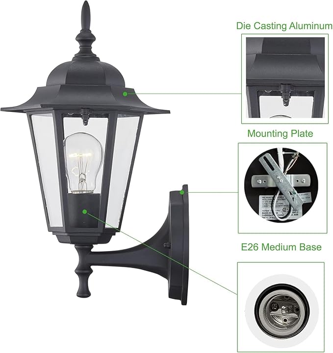 WISBEAM 2 Pack Outdoor Wall Light Black Wall Sconce for House Porch Lighting Fixture E26 Base 60W Max Metal Housing Plus Glass Wet Location Rated ETL Qualified Bulbs not Included