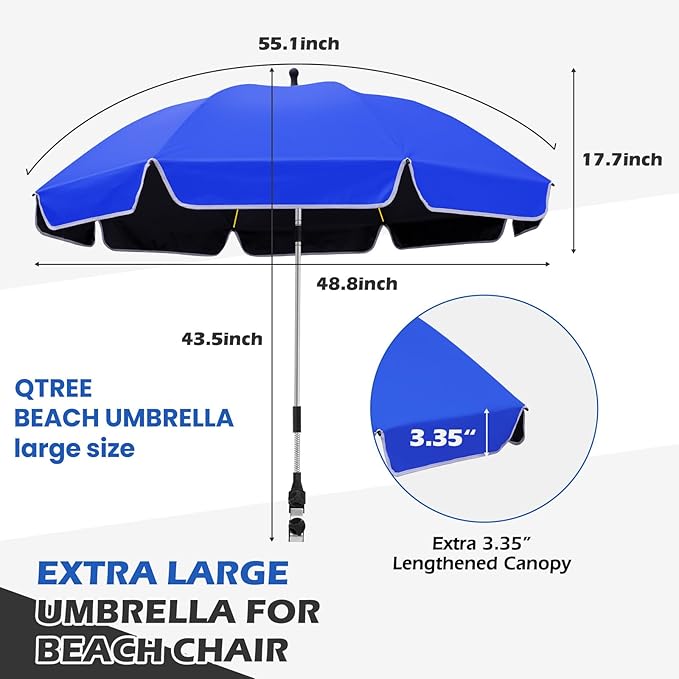 48.8 inch Large Beach Umbrella with Clamp Sun Shade for Beach Chair 360°Adjustable UV Protection Golf Umbrella with Clip for Outdoor Stroller Wheelchair Camping Chair