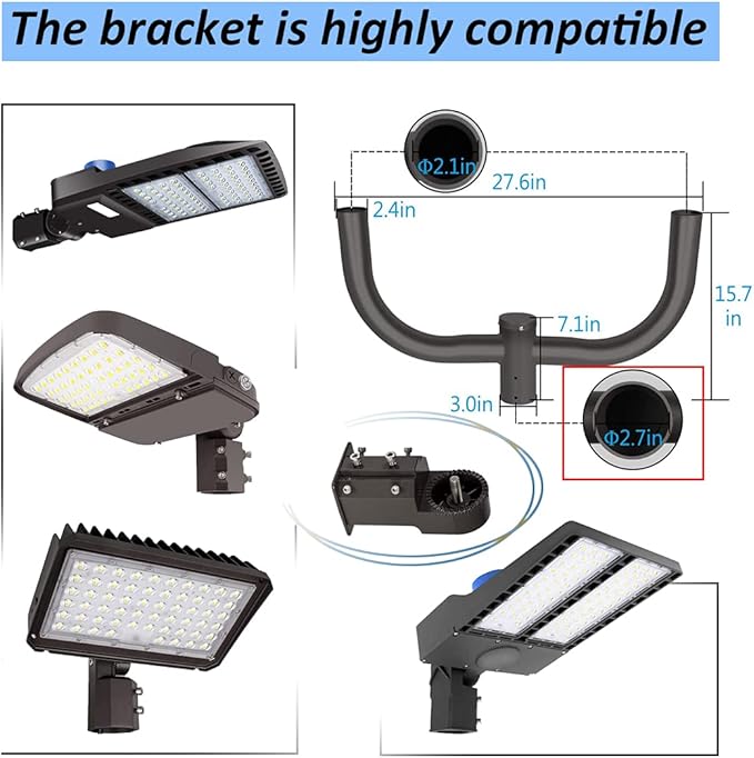 LEDMO Double Bullhorn Bracket LED Parking Lot Light 180 Degree Mounting Bracket Round Pole Double L Mounts Tenons for 2 Pack Dusk to Dawn Outdoor LED Shoebox Area Light Street Lighting Stadium fixture