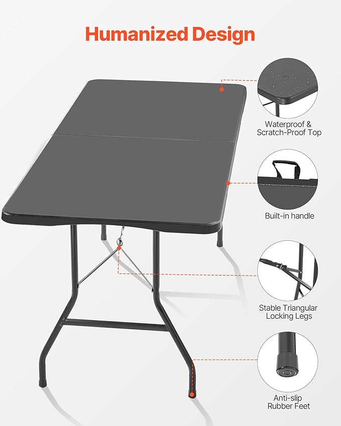VEVOR Folding Table Heavy Duty Portable Fold-in-Half Utility Table Indoor Outdoor Plastic Rectangle Table with Built in Handle for Party Dining Wedding Events Picnic Camping 6 ft Black