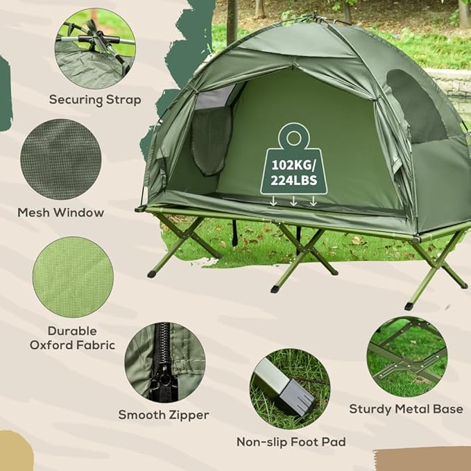 Single Person Elevated Camping Tent Cot Combo: Off-Ground Folding Cot with Attached Weather-Resistant Shelter &amp Carry Bag for Backpacking Hiking and Outdoor Adventures