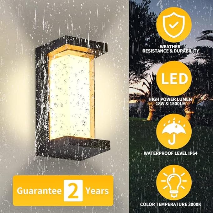 LED 18W Aluminum Rectangular Modern Outdoor Wall Light1800LM Bright Porch Lights3000K Warm White Exterior Sconce LightingIP65 Waterproof for Patio Backyard House Front Door Black LANFU