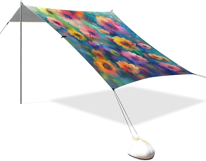 Colorful Flowers Painting Beach Tent Sun Shelter 9.2' x 10.5' Beach Canopy with 4 Sandbags 4 Stability Poles Sand Shovels - Tent Canopy for Beach Camping Fishing Picnics