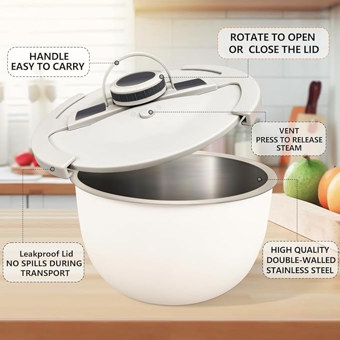 Double-Walled Stainless Steel Insulated Serving Bowl with Leak - Proof Lid - Insulated Casserole Dish - Keeps Food Warm and Cold for Hours - Perfect for Holidays Parties Camping - (5QT White)
