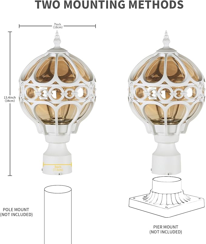 2 Pack Outdoor Globe Lamp Post Light Fixtures 13.4 White Sphere Post Top Lantern for Patio Porch Driveway Hardwired Anti-Rust Aluminum Pillar Light with Amber Glass Fits Standard 3 Post